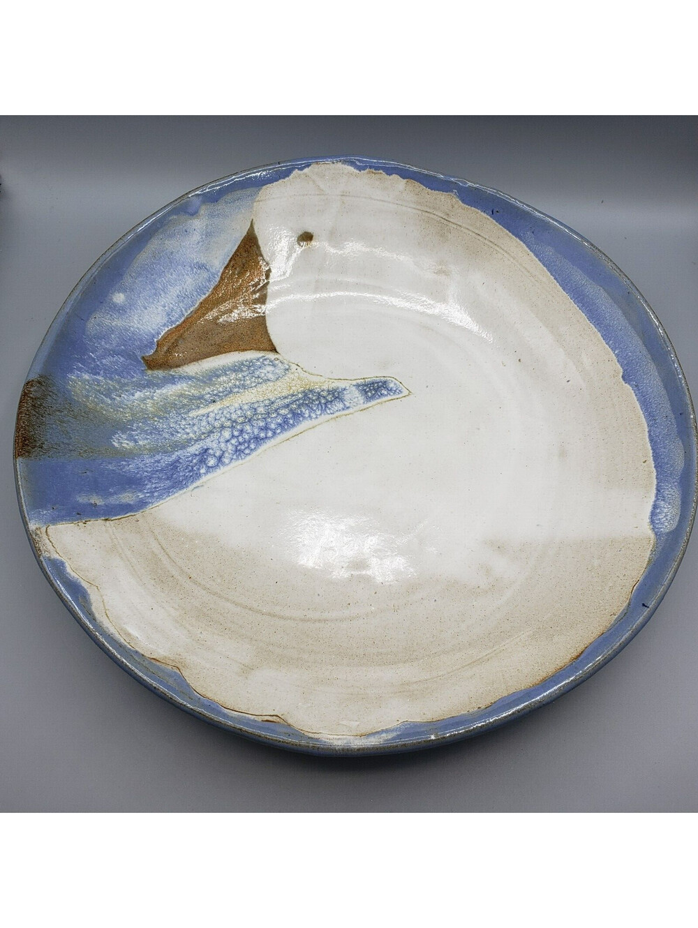 Art Pottery Console Bowl Blue Glaze White Goose Swan Artisan 13.75" Bird